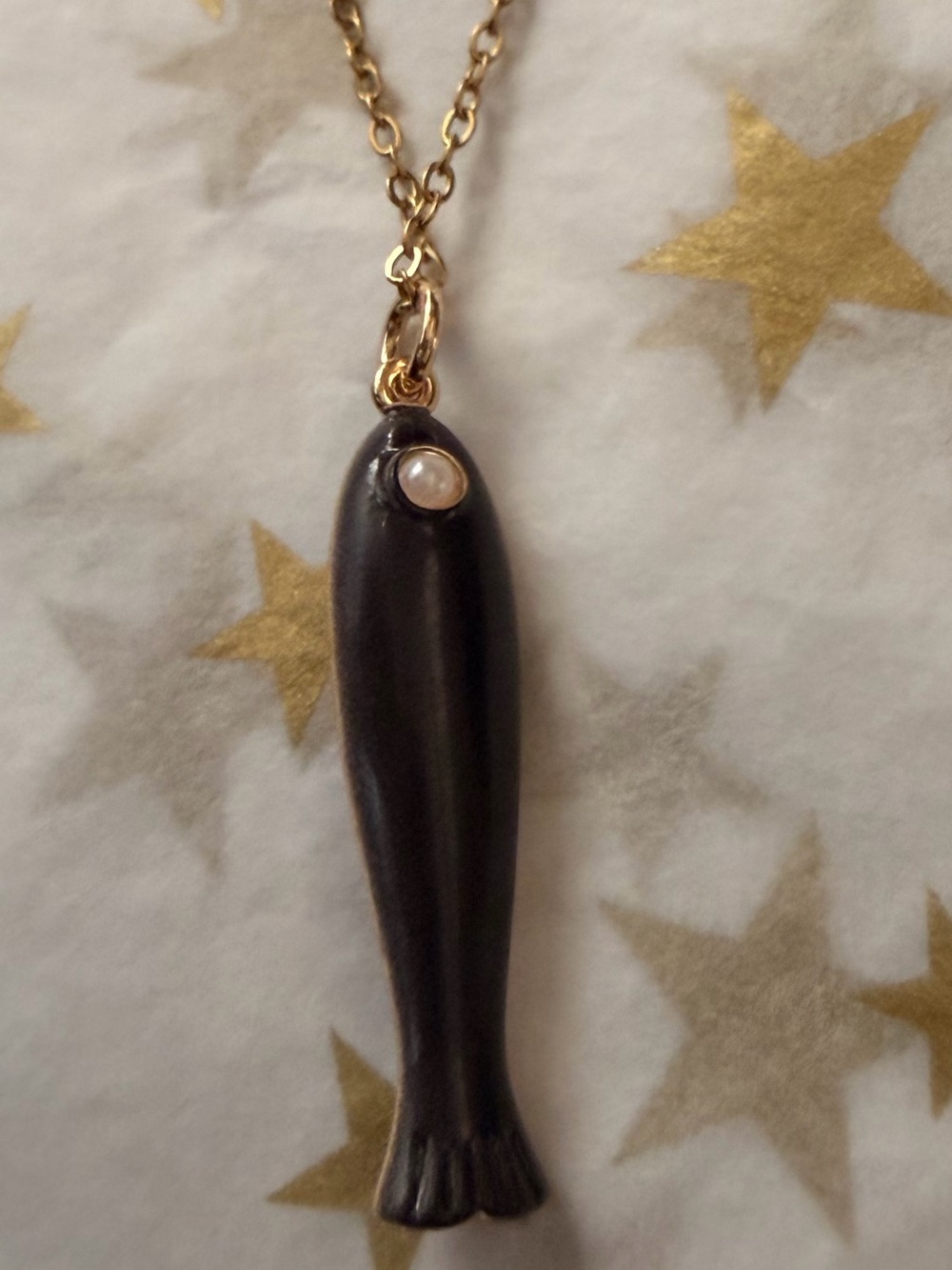 Gold Chain Necklace with Black Fish Pendant and Pearl Accent